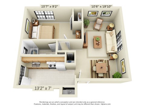 Floor plan for 1 bed, 1 bath, 570 sqft